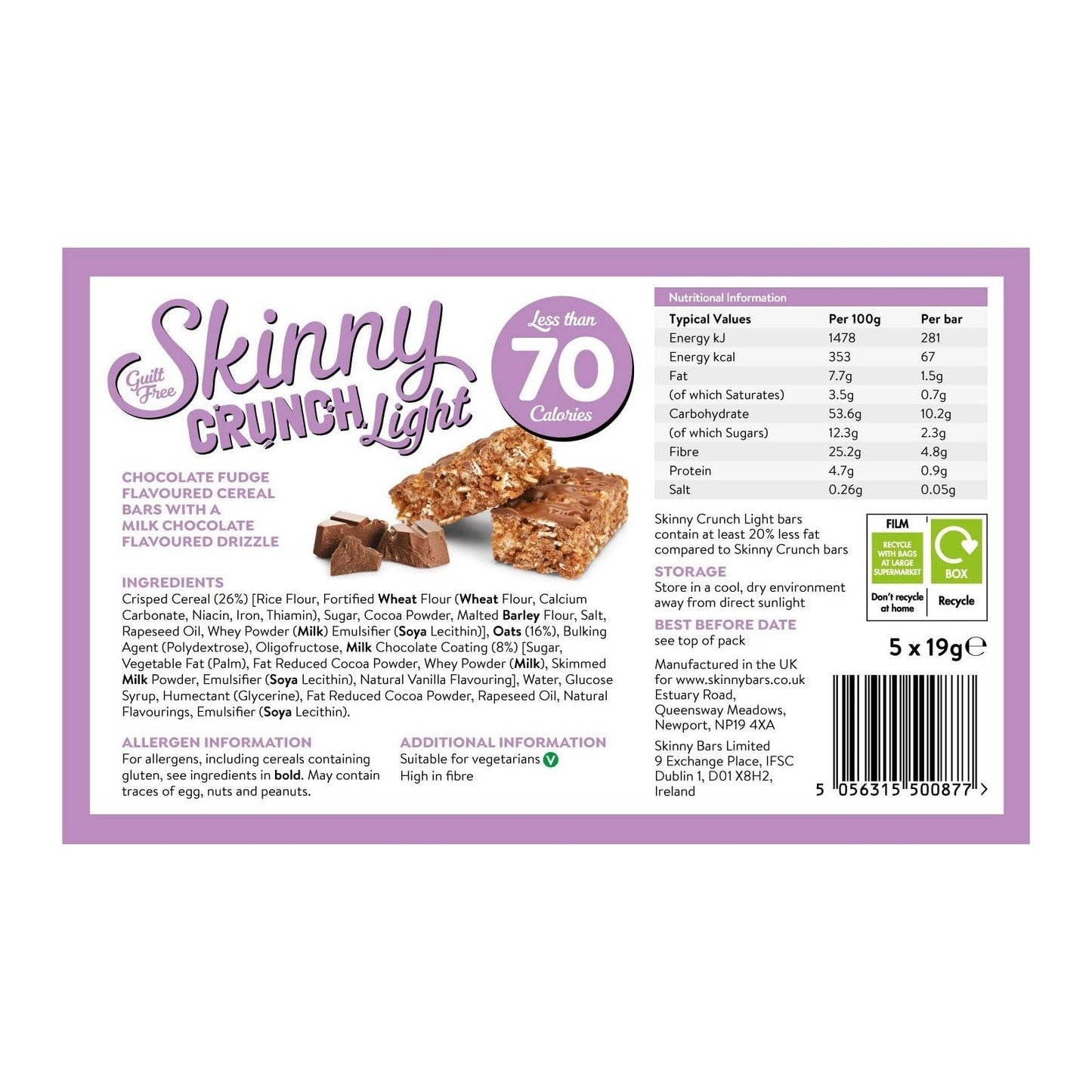 Skinny Crunch Light Chocolate Fudge  5 x 19 g (Box of 10)